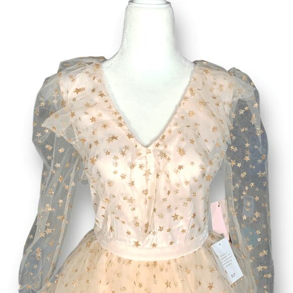 Rachel Parcell Pastel Pink Gold Metallic Glitter Star Tulle Dress Tiered Skirt - Picture 3 of 11